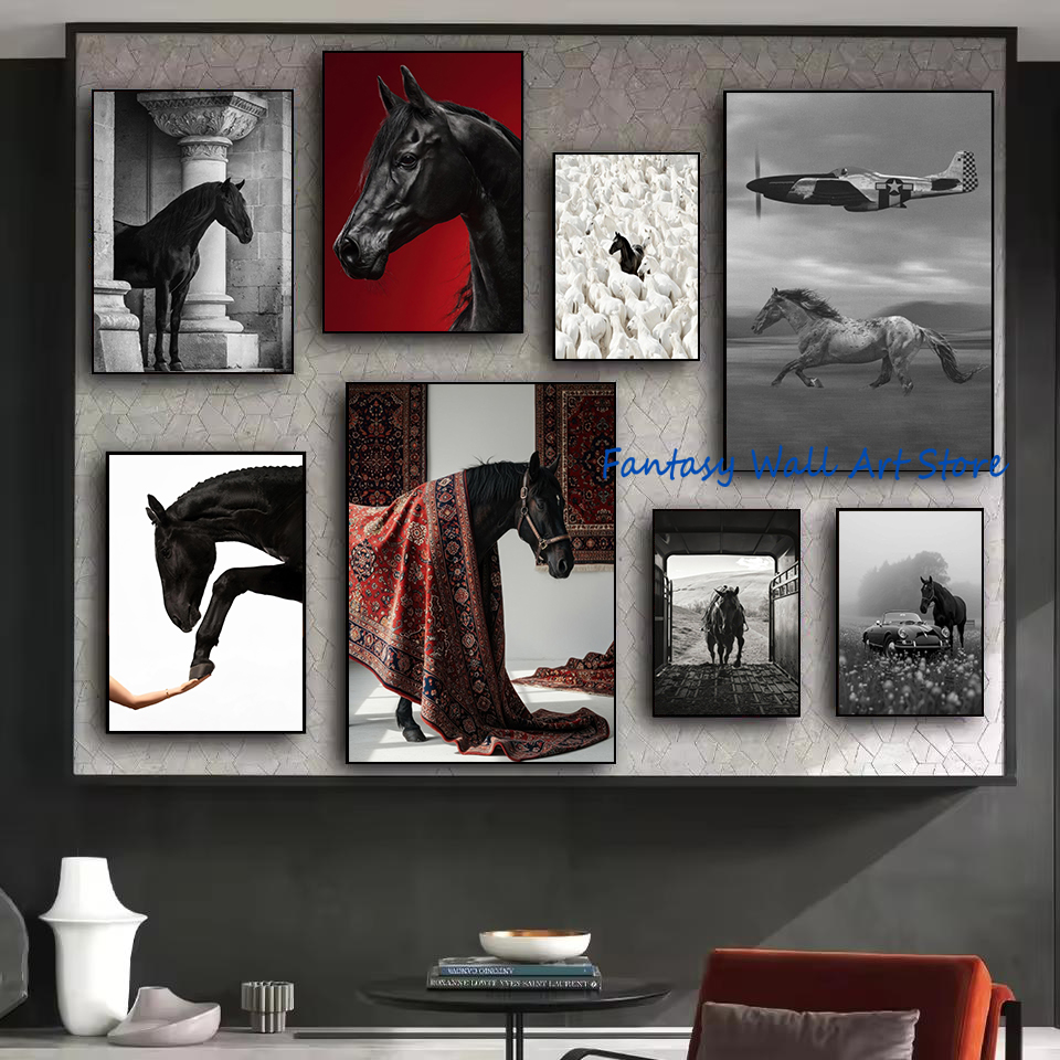 Luxury Lifestyle Picture - Zwart paard foto's vintage luxe muurkunst